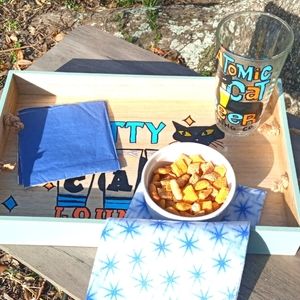 Handpainted midcentury modern inspired wooden serving tray kitty cat lounge